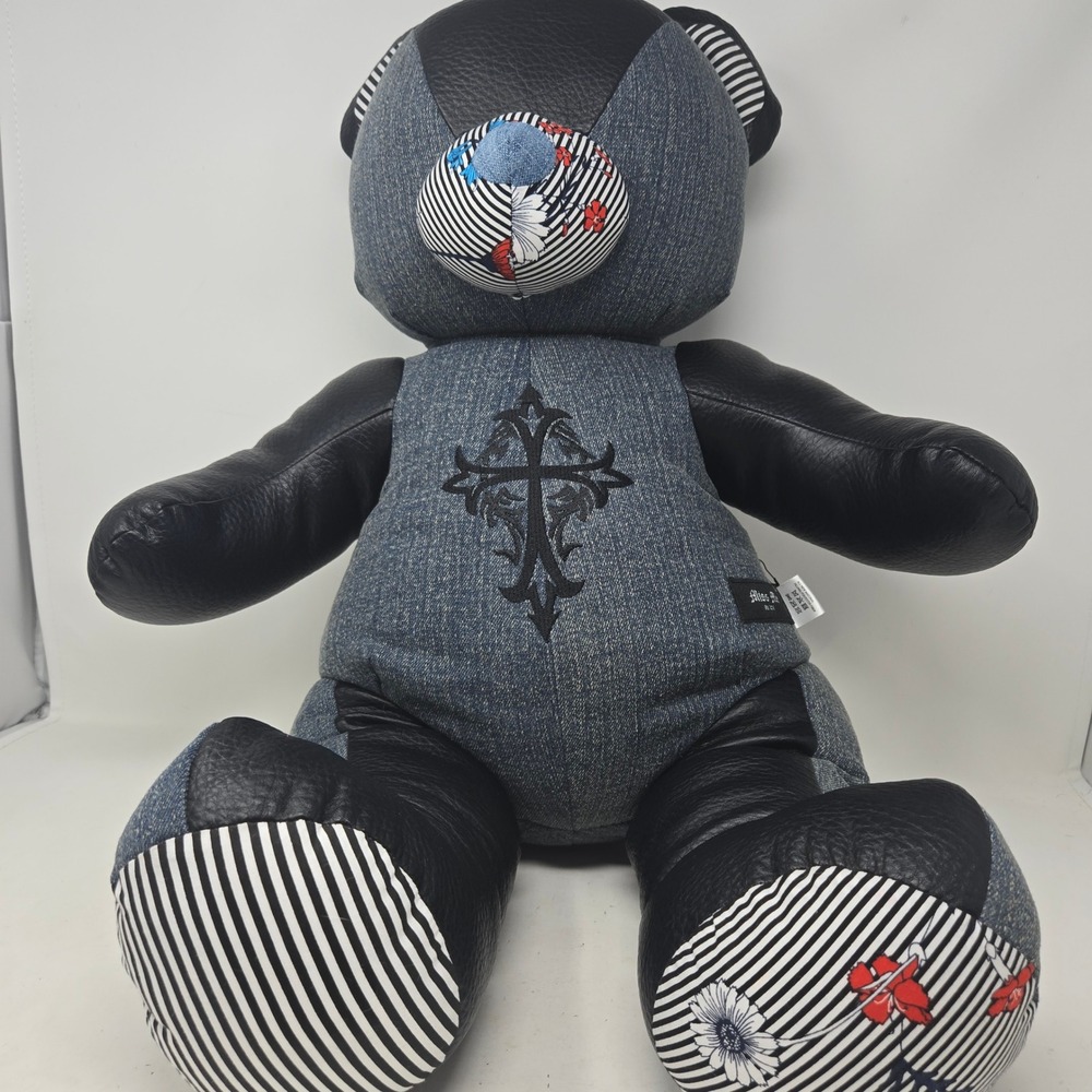 Miss Me Black Denim Plush Bear Gothic Cross Faux Leather Collectible 26 Inch